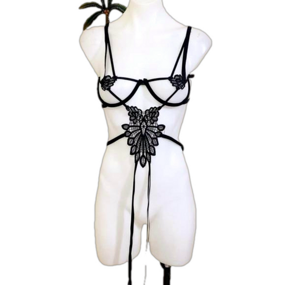 Black Appliqué punk goth Underwire lace lingerie Harness - Picture 1 of 4